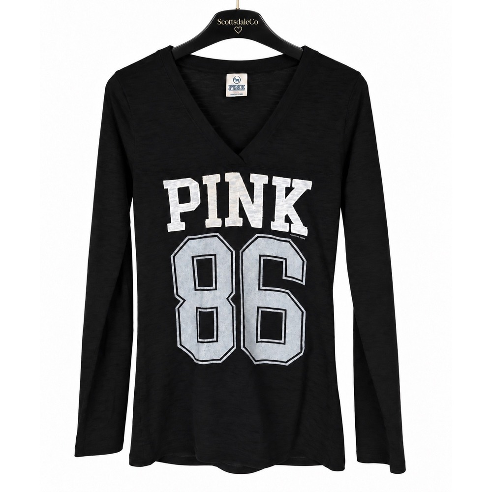 Victoria's Secret PINK Top Womens S Black Burnout V Neck 86 Graphic Long Sleeve